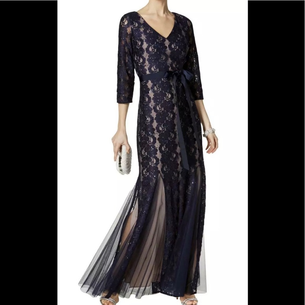 ALEX EVENINGS Women’s Formal Dress Sz 6 BLACK Long Sleeve Maxi Sequin Tie Waist